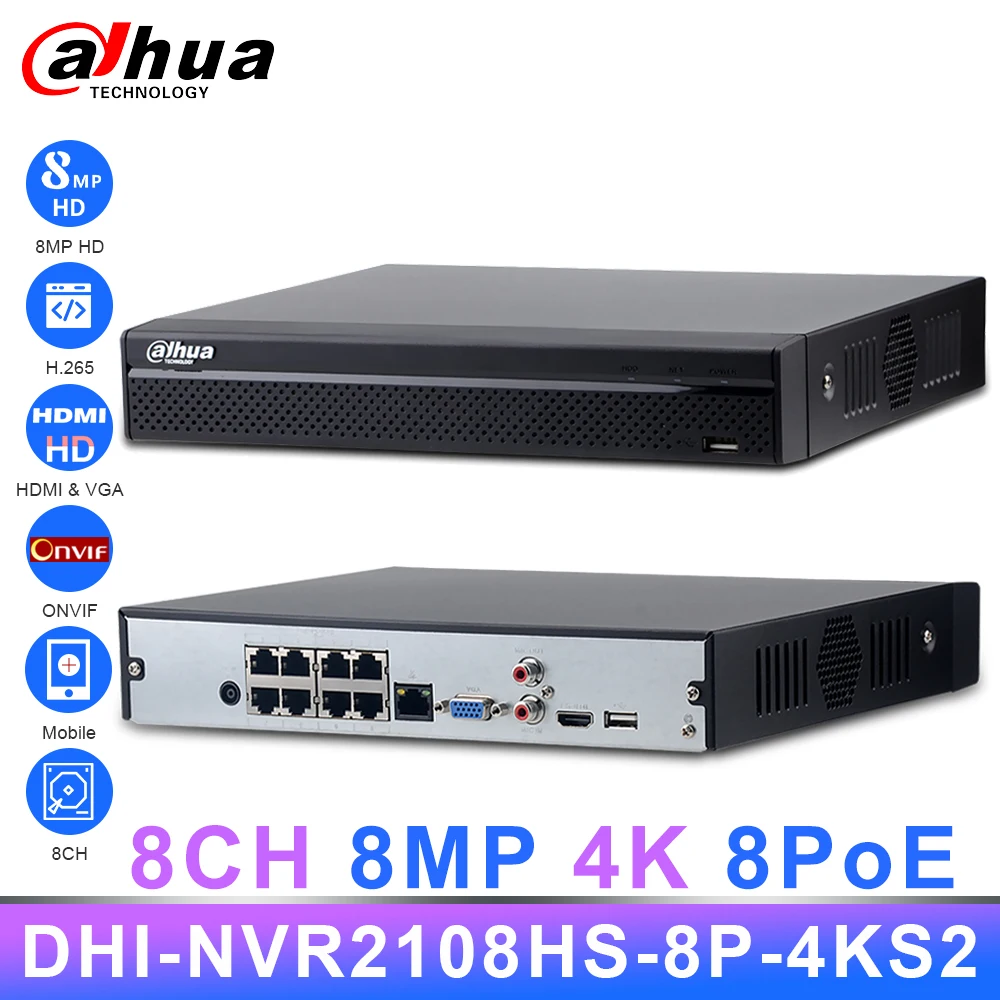 Оригинал Dahua NVR 8CH 8PoE 8MP 4K NVR2108HS 8P 4KS2 80 Мбит/с пропускная способность видео