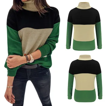 

M 2020 Women's Sweater Autumn Winter Fashion Color Matching Slim Long-Sleeved High Collar Loose Bottom Green Sweater XL