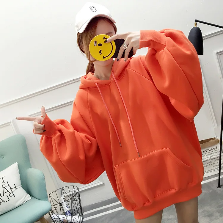 orangered Шикарная однотонная негабаритная Женская толстовка с цветочным рисунком и круглым вырезом, женские повседневные пуловеры с длинным рукавом на осень и зиму, толстовки с капюшоном - Цвет: orangered