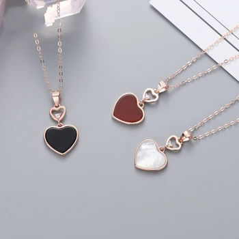 

100% S925 Sterling Silver Korean White Fritillary Love Necklace Black Agate Peach Heart Clavicle Chain Simple Heart Pendant Gift