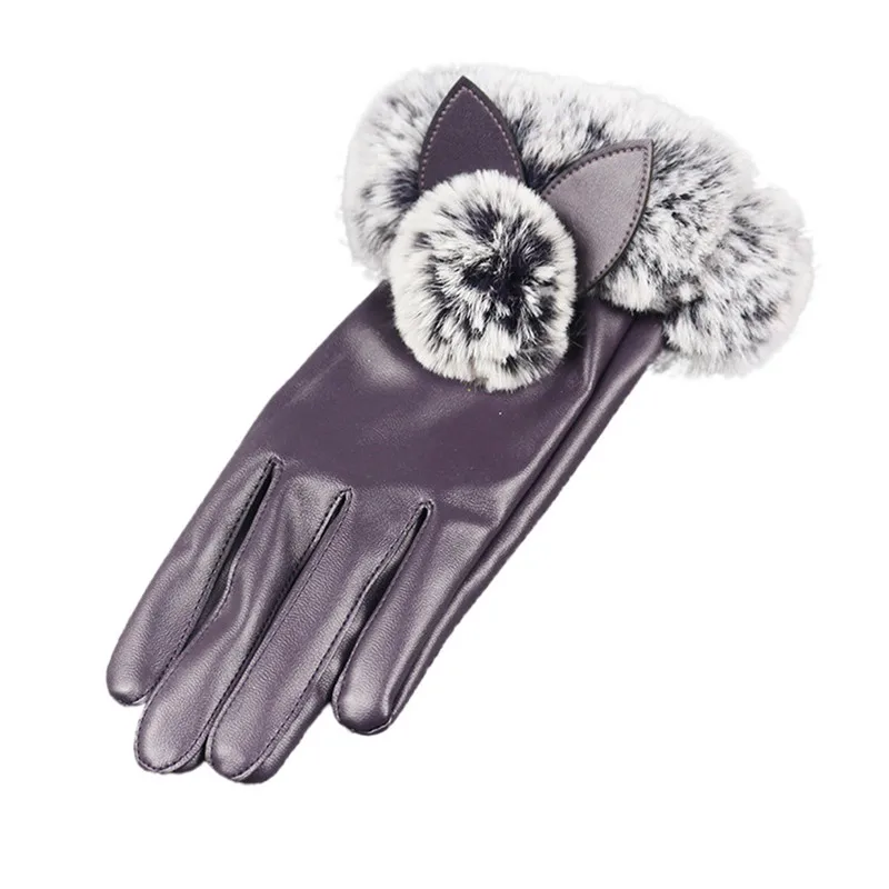 Purple Новые женские зимние перчатки ручные перчатки модные перчатки из искусственной кожи осенне-зимние теплые варежки с кошачьими ушками Guantes полный воротник - Цвет: Purple
