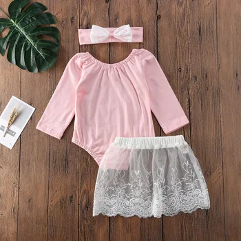 

Pudcoco Newborn Infant Baby Girls Romper Pink Long Sleeve Cotton Tops + Lace Skirt + Headband Outfit Clothes Set