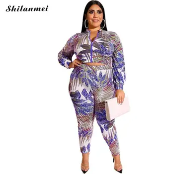 

Plus Size Two Piece Set Printing Fitness Sporting 2 Pieces Set 4XL 5XL Autumn Women Zipped Long Sleeve Top Long Pants Sets