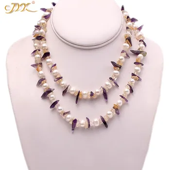 

JYX Fine Jewelry Factory Price 8-10mm white round freshwater pearls and irregular yellow and purple crystal opera necklace