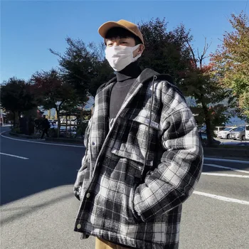 

Winter Jacket Men's Warm Fashion Parka Men Plaid Hooded Coat Mens Streetwear Loose Casual Thick Woolen Jacket Male Clothes