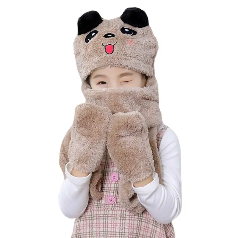 Khaki Dog 3в1 детская зимняя шапка с мультяшными животными, плюшевая теплая шапка-ушанка, шарф с перчаткой - Цвет: Khaki Dog