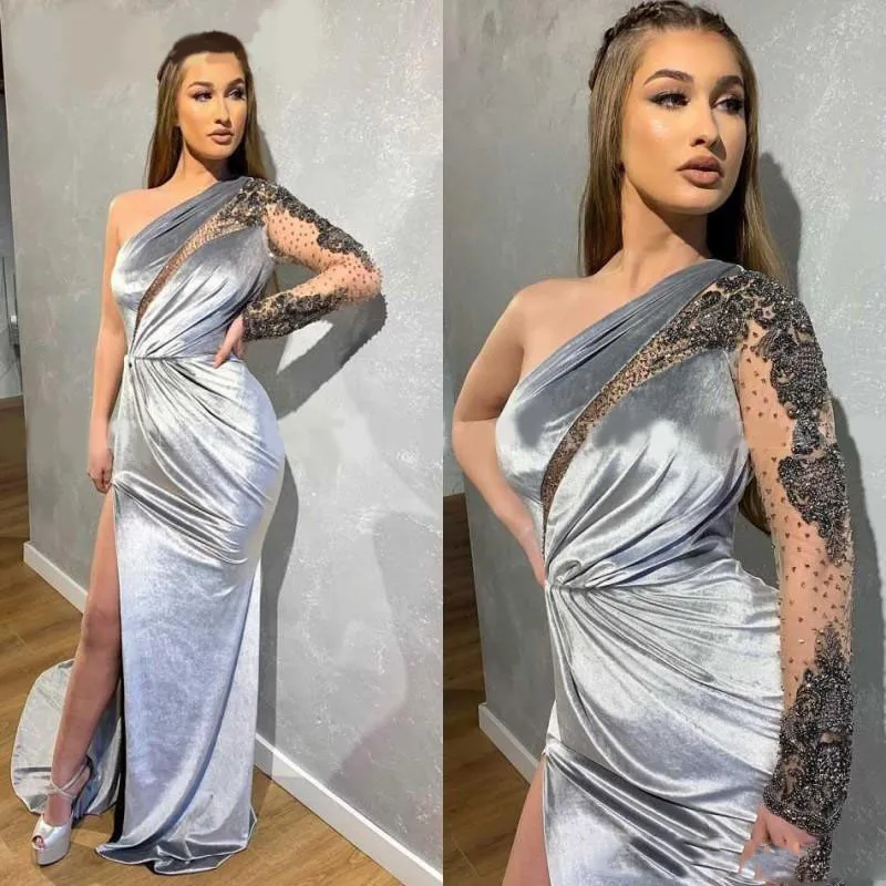 same as pic Элегантное серебристо-серое вельветовое платье на одно плечо для выпускного вечера с разрезом, с кристаллами, с длинным рукавом, Русалка, вечерние платья, Дубай, официальное платье - Цвет: same as pic
