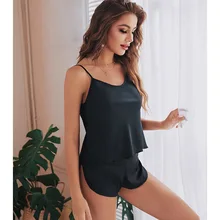 Homewear Satin Silk Camisole Pajamas Women Summer Shorts Thin Sexy Black Pajamas Womens Two Piece Sets Loungewear