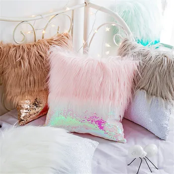 

Long Plush Fluffy Sequin Cushion Cover Fish Scale Glitters Pillowcase Living Room Sofa Plush Throw Pillow Cover 45x45cm