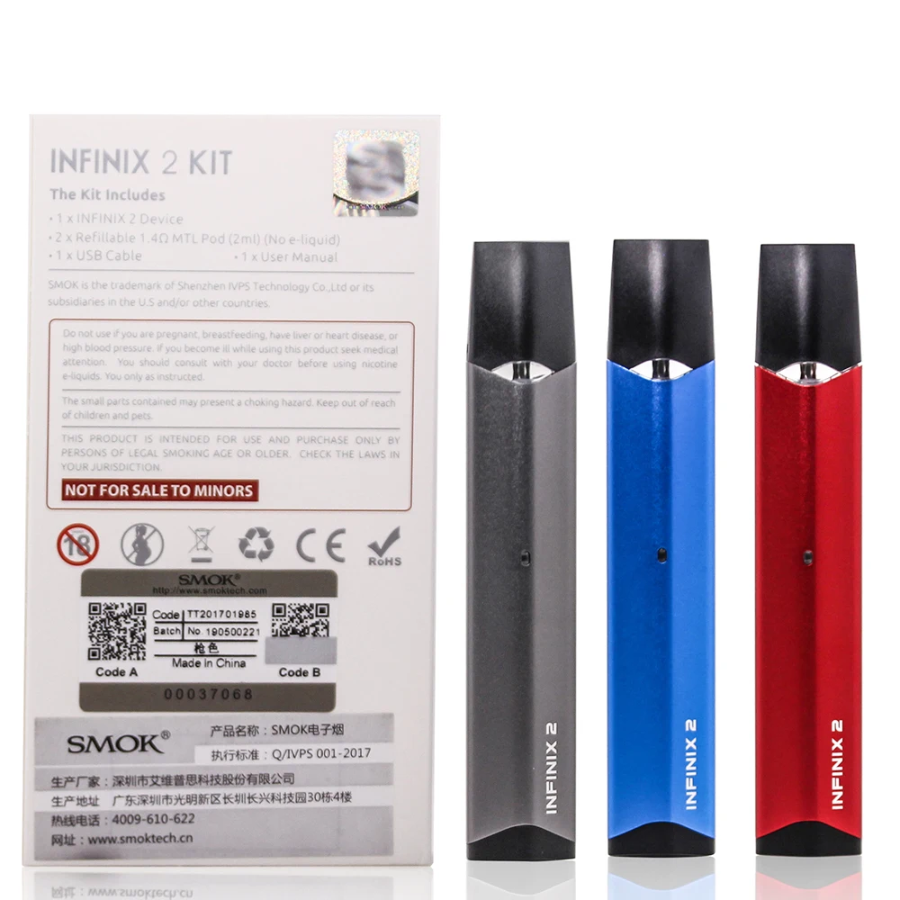 SMOK Infinix 1 2 комплект, электронная сигарета, мини-ручка, вейп-ручка, аккумулятор 450 мАч, с 2 мл стручковым испарителем VS WO1 NOVO NORD