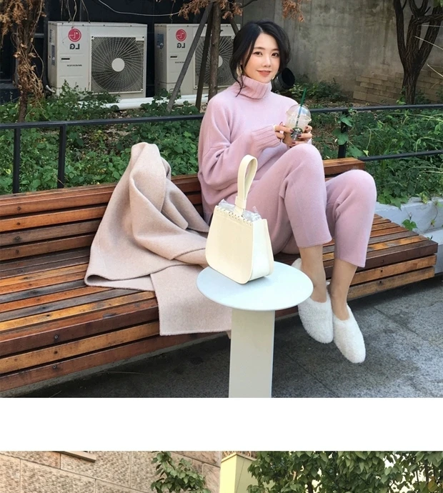 New arrival Autumn winter Knitted Tracksuit Turtleneck Sweatshirts for Women Suit Clothing 2 Pcs Set Knit top Pants suit Female