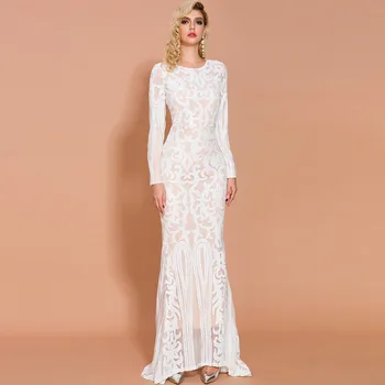 

Keatingberus New Arrival 2020 Sexy O Neck Long Sleeve Retro Sequin Maxi Gorgeous Reflective Dress Vestidos X071