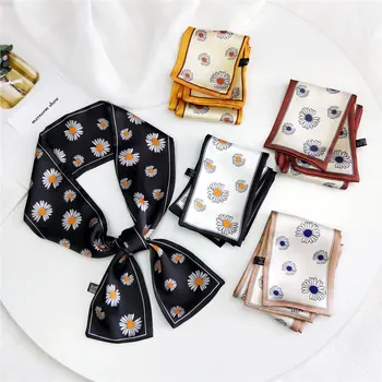 

2020 New Summer Autumn Women's Long Black White Red Skiny Hair Satin Scarf Square Women Daisy Flower Printed Bag Handle Scarfs