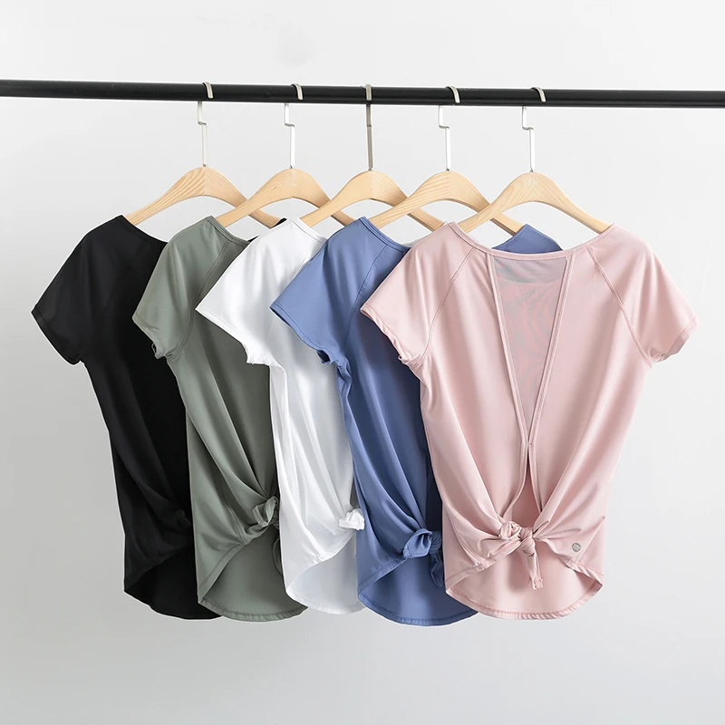 

Fitness Clothing Woman Short Shirt Patchwork Sport T-Shirt Quick Dry Hollow Back Bandage Gym Yoga Jogging Workout Tops