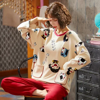 

Hot Sale Women's Pajamas Sets Round Neck Female Pyjamas Print Pijamas Long Sleeves Long Pants Sleepwear Casual Nighty