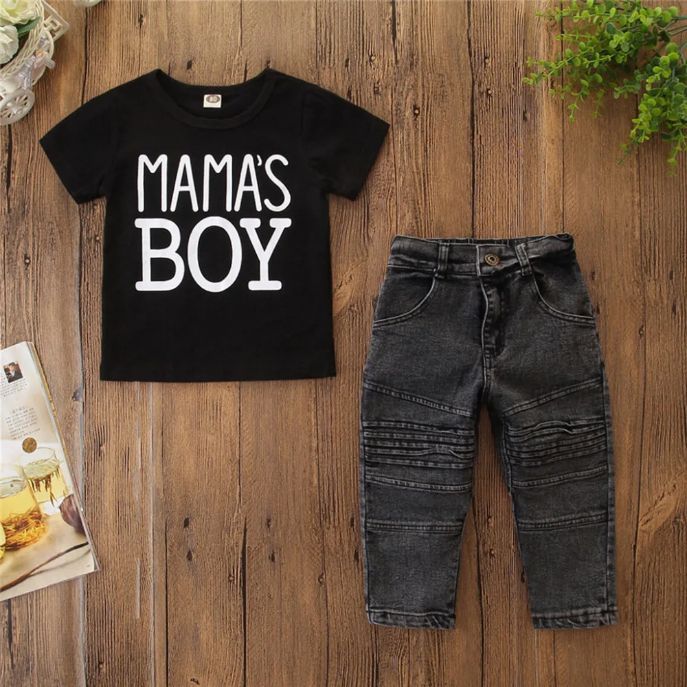 Футболка с короткими рукавами для маленьких мальчиков с надписью «Mamas» комплект одежды для маленьких мальчиков футболка с буквенным принтом+ джинсы комплект из джинсовых штанов