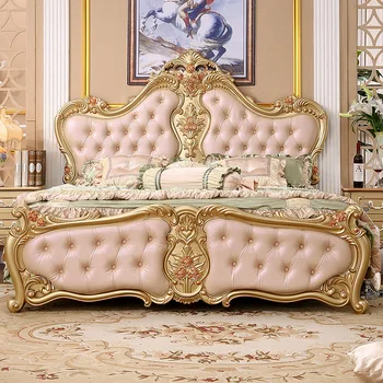 

European-Style Solid Wood Bed Board Double Bed French Princess Bedroom Leather Wedding Bed 1.8 M Champagne Gold Ebony Dark Color