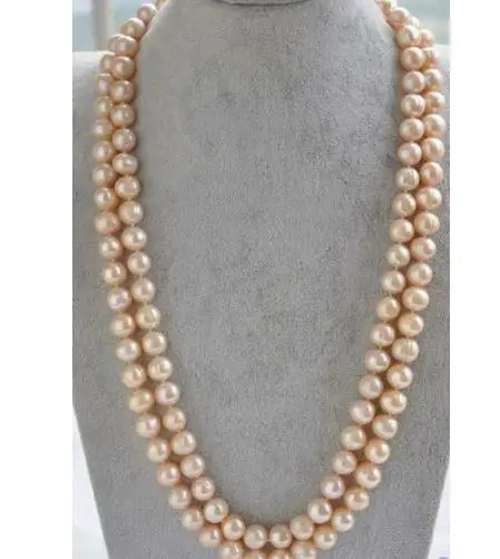 

Hot Sell 9-10mm Beaded Necklaces South Sea Gold Pink Round Pearl Necklace 38inch 14K Gold Clasp