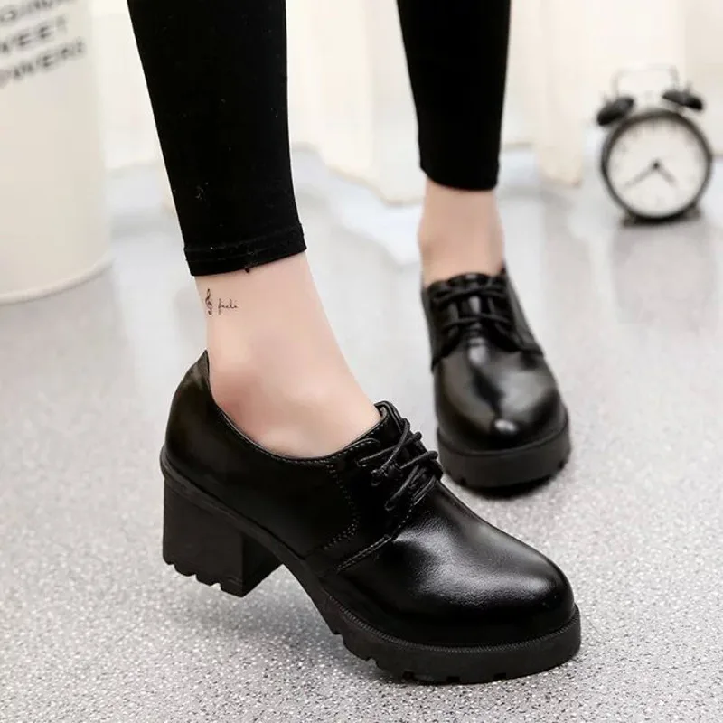 

Spring And Autumn England Retro Shoes Women High Heels Chunky-Heel Lace-up Anti-slip Small Leather Shoes Casual STUDENT'S Shoes