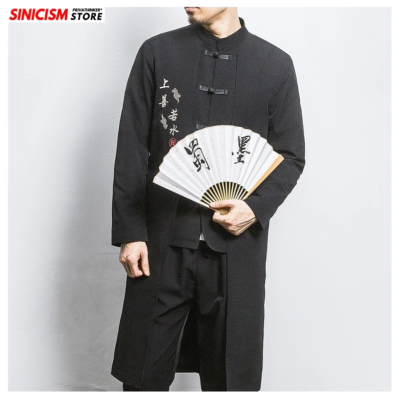 Sinicism Store, мужской свободный длинный Тренч с вышивкой, Мужской плащ в китайском стиле с пряжкой, теплый длинный Тренч,, мужское осеннее пальто, 5XL