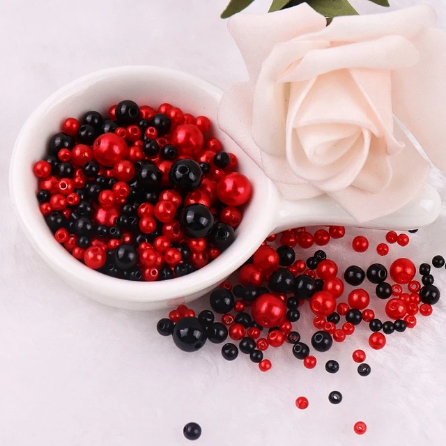 150-200Pcs Colorful ABS Imitation Pearls Mix 3-8mm Round Beads With Holes DIY Bracelet Charms Necklace Beads For Jewelry Making 2126 Mix Black Red