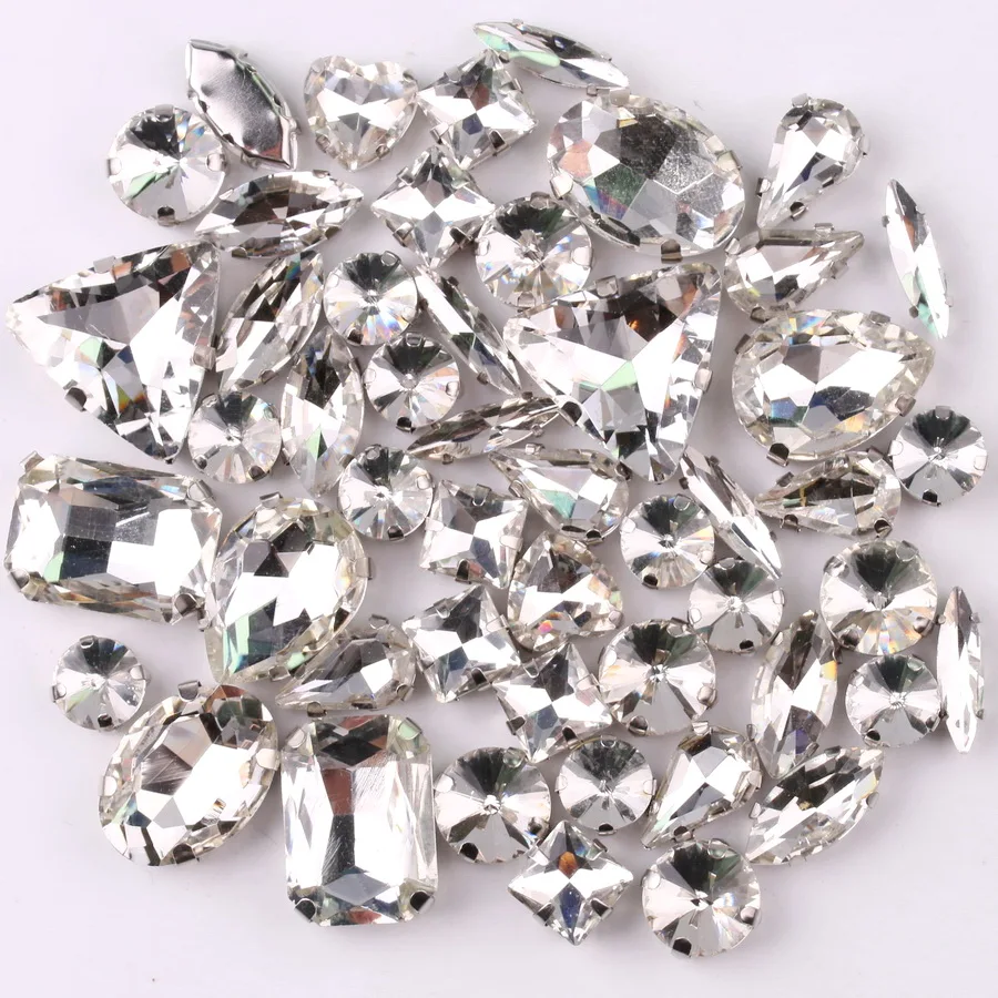 Silver Claw Setting Crystal Rhinestones - 50pcs Mixed Shapes, Clear & Jelly Candy AB