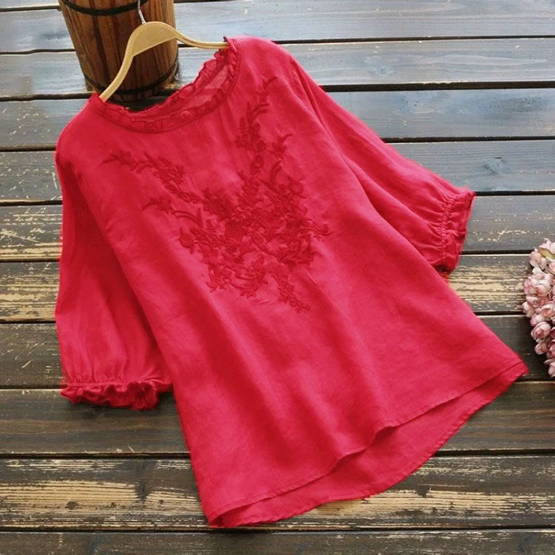 Женская блузка большого размера с рюшами, Хлопковая женская блузка с вышивкой, Летняя Повседневная рубашка с пышными рукавами - Цвет: Красный