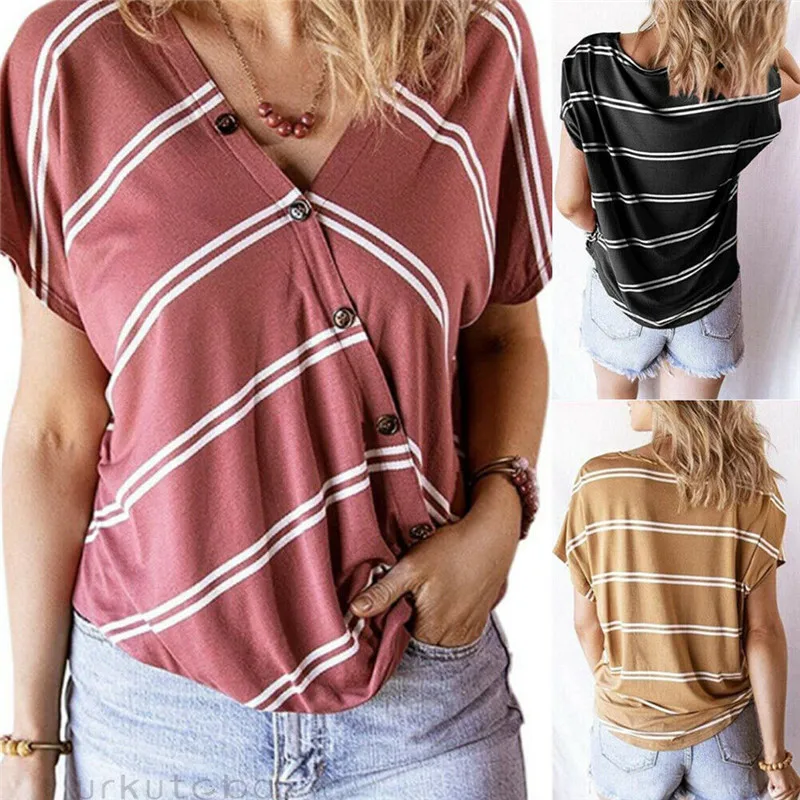 

Summer Polyester Women V-neck Striped Cotton With Button Casual and Loose Ultrathin and Soft Short Sleeve Tank T-Shirts
