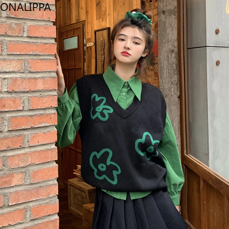 Onalippa Women Knitted Vest Autumn Winter Cool Age-reduce Outer Wear Loose Sweater Vests Green Long Sleeve Shirt Female Top |