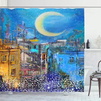 

Shower Curtain Set with Hooks 72x72 Inches Modern Impressionism Snowfall Night Cityscape City Colorful Falling Design Snowflakes