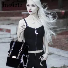 InsGoth укороченный топ, женские Сексуальные облегающие топы, готический панк мум на молнии, черные женские майки, топы, уличная одежда, топы в стиле хип-хоп