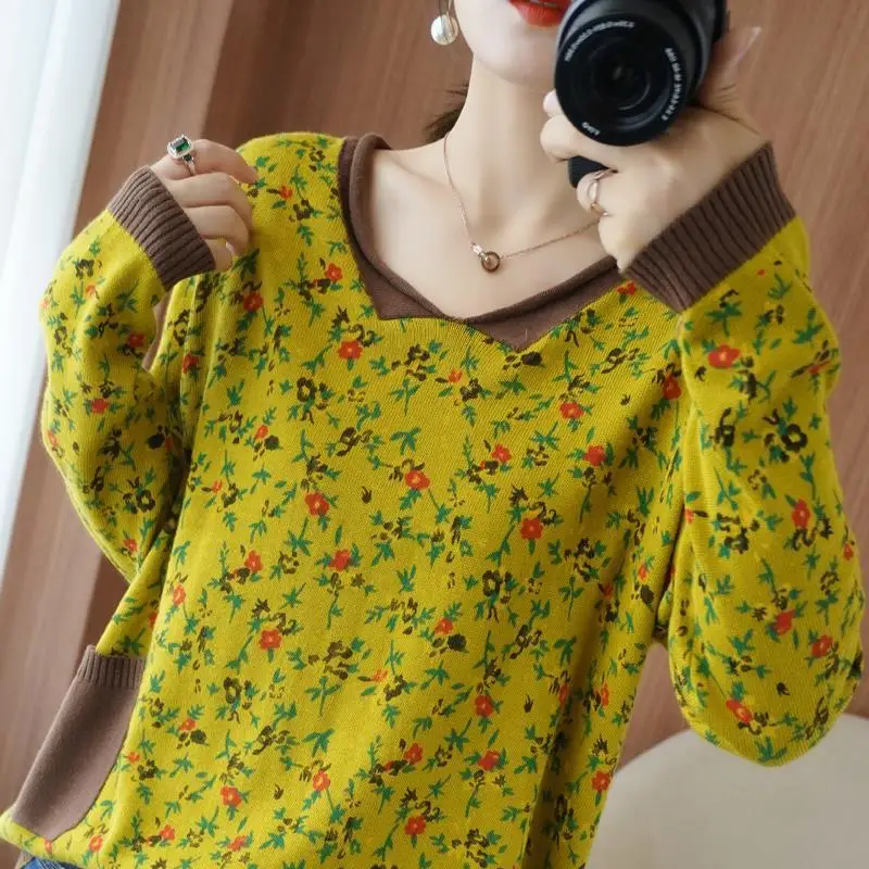 

Women Thick Casual Sweaters New 2020 Autumn Winter Simple Style Flora Printing V-neck Loose Ladies Knitted Pullovers