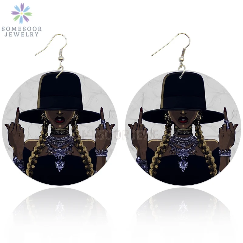 SOMESOOR печать крутая черная леди африканские деревянные висячие серьги афро
