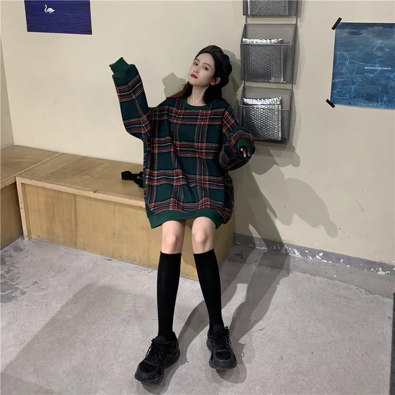 Японский осенне зимний женский элегантный стиль Harajuku ретро красная решетка с длинным рукавом шерстяная ткань Свободный пуловер