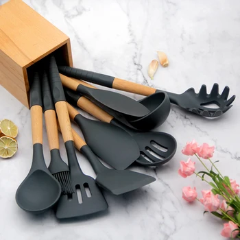 

Silicone Wood Soup Spoon Spatula Brush Scraper Black Kitchen Cooking Tools Kitchenware Kitchen Utensil Storage Box