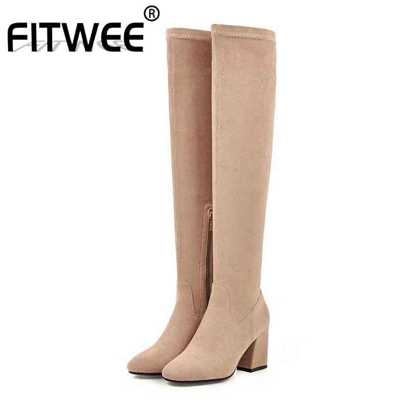 

FITWEE 4 Colors Size 33-46 Women High Heels Over The Knee Boots Zipper Comfortable Simple Warm Winter Boots Female Footwear