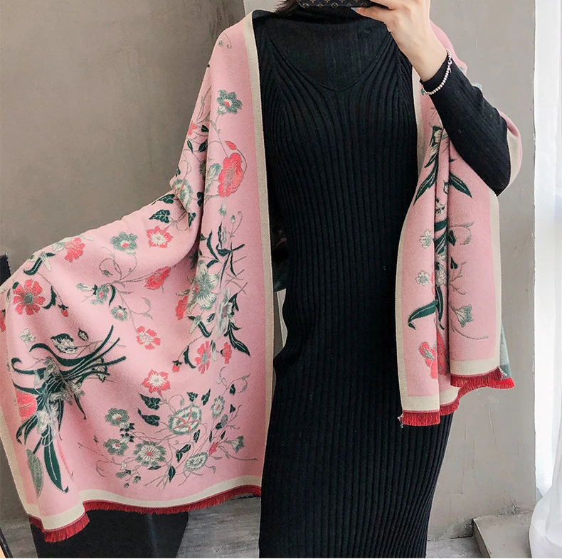 style 1 pink Шаль Роскошная Bufanda зимний женский цветочный матовый кашемировый шарф chal теплая шаль двухсторонняя большая Пашмина путешествия одеяло обертывания - Цвет: style 1 pink