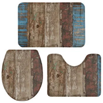 

3 Pieces Bathroom Set Wooden Board Faded Retro Bath Set Toilet Cover Mat Pedestal Rug Non-Slip Bathroom Rug Set