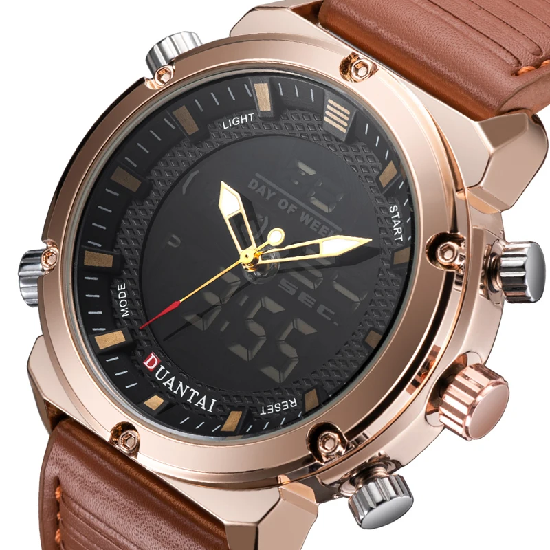 

DUANTAI Mens 2019 Fashion Double Display LED Digital Watch Quartz Watch Men Leather Watch Band Outdoor Watch Sport Watch