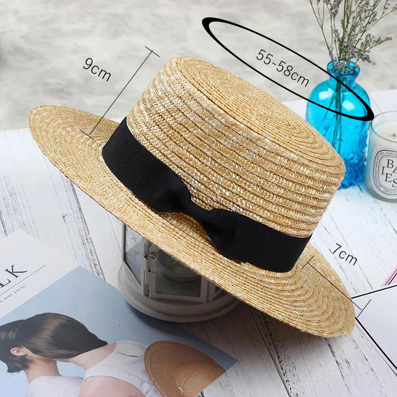 New Summer Women's Boater Beach Hat Wide side Female Casual Panama Hat Lady Classic Flat Bowknot Straw Sun Hat Women Fedora hat 2