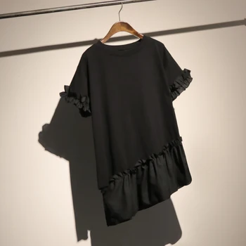 

LANMREM 2020 Summer Bew Clothes For Women Ruffles Patchwork Solid Color T-shirt Loose Casual Short Sleeve Asymmetry Tops YH057