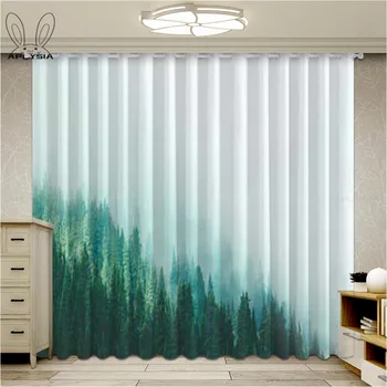 

Physical Bedroom Blackout Curtains Modern Minimalist Gradient Green Foggy Mountain Scenic Pattern Curtain For Living room