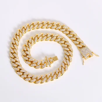 

Miami Cuban Link Chain Necklace 13mm Full Bling Bling Iced Out Rhinestones Gold Color Fashion Jewelry Necklaces For Men Rapper