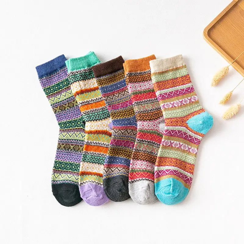 5 пар теплых зимних плотных полосатых вязанных шерстяных носков носки унисекс с геометрическим рисунком 95AB