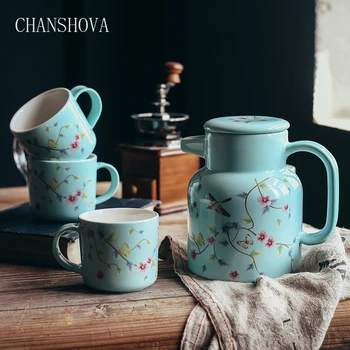 

CHANSHOVA Chinese Style Color Glaze Flowers and Birds Ceramic Tea Pot Set Porcelain Tea Set Home Decoration Accessories H053