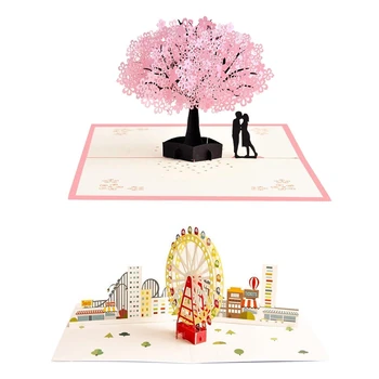 

2 Pcs Card: 1 Pcs Colorful Ferris Wheel Up Cards & 1 Pcs Handmade Up Romantic Birthday, Anniversary,Dating Card