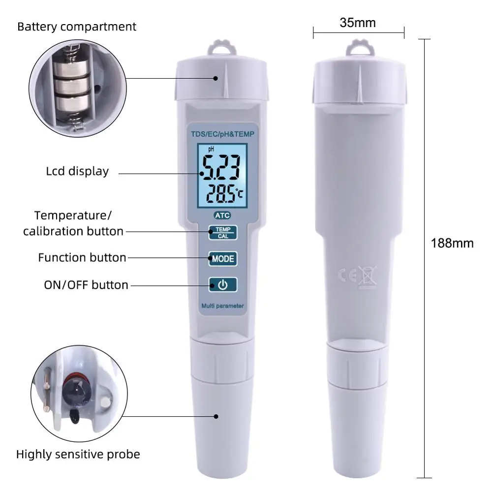 Yieryi 4 в 1 PH/TDS/EC/измеритель температуры рН-метр цифровой монитор качества воды тестер для бассейнов, питьевой воды, аквариумов