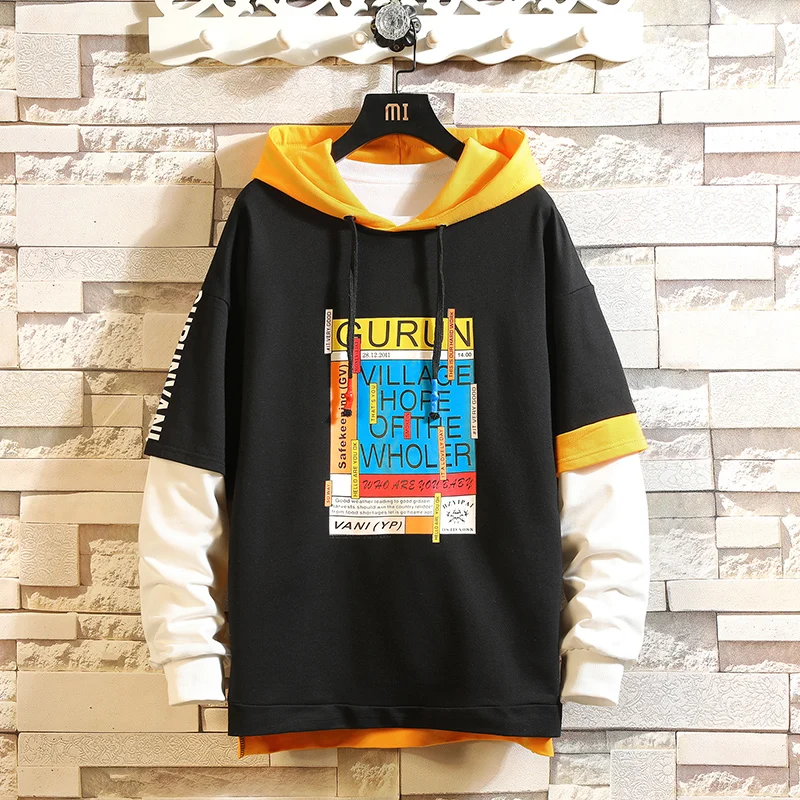 

Dropshipping Autumn Men Fake Two Pieces Hoodies Casual Letter Patchwork Male Pullover Mens Hooded Cotton Sweatshirt