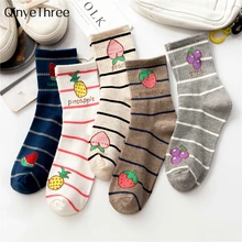 Носки в полоску для девочек с рисунком фруктов, персика, ананаса, арбуза, клубники, винограда, носки-трубы средней высоты, художественные носки, Прямая поставка