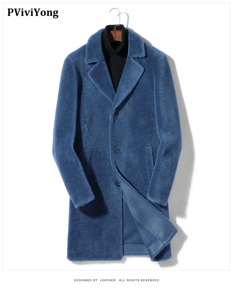 PViviYong зимняя высококачественная мужская кожаная куртка, настоящий овечий стриженый мех, парка с отворотом, мужская одежда P198022
